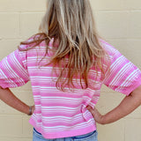 Pink Striped Polo Top, Pink Knit Shirt, Women's Polo Sweater, Short Sleeve Knit, Preppy Fashion, Relaxed Fit Top, Striped Knitwear, Casual Chic, Retro Polo at ooh la la! in Grapevine TX 76051