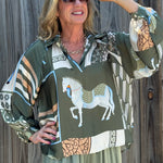 Made in Italy Satin Long Sleeve Horse Print Blouse in Olive at ooh la la! in Grapevine TX 76051