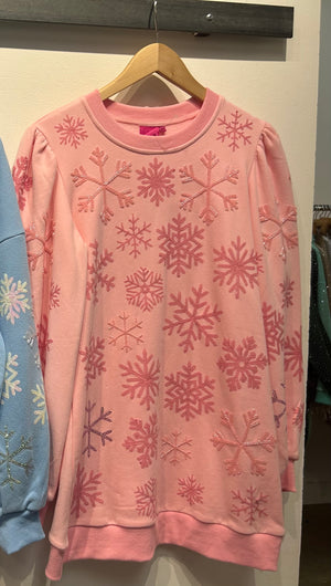 Queen of Sparkles Pink Iridescent Snowflakes Poof Sleeve Sweatshirt Dress at ooh la la! in Grapevine TX 76051