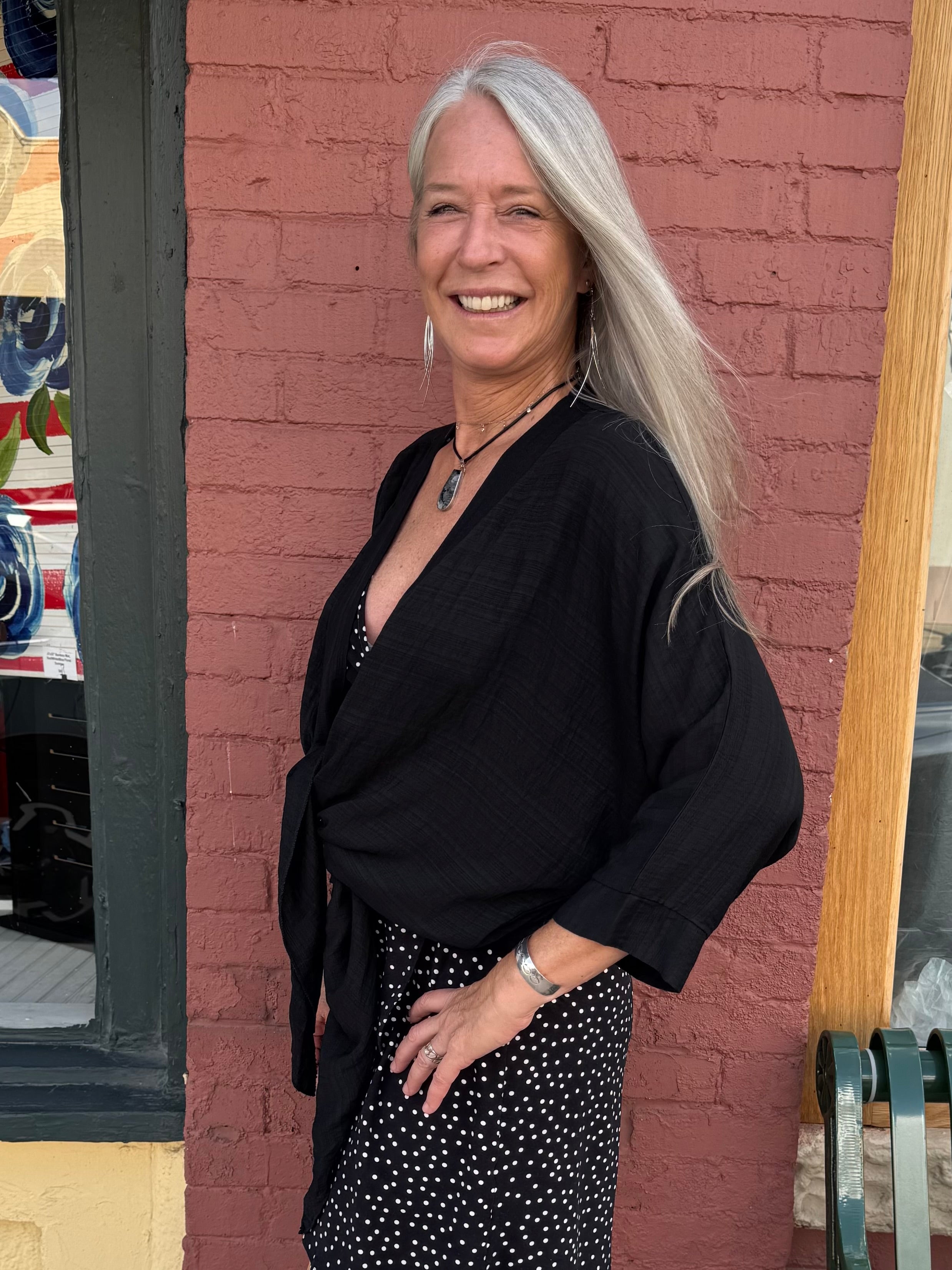 Made in Italy Tie Front Batwing Cardigan in black at ooh la la! in Grapevine TX 76051