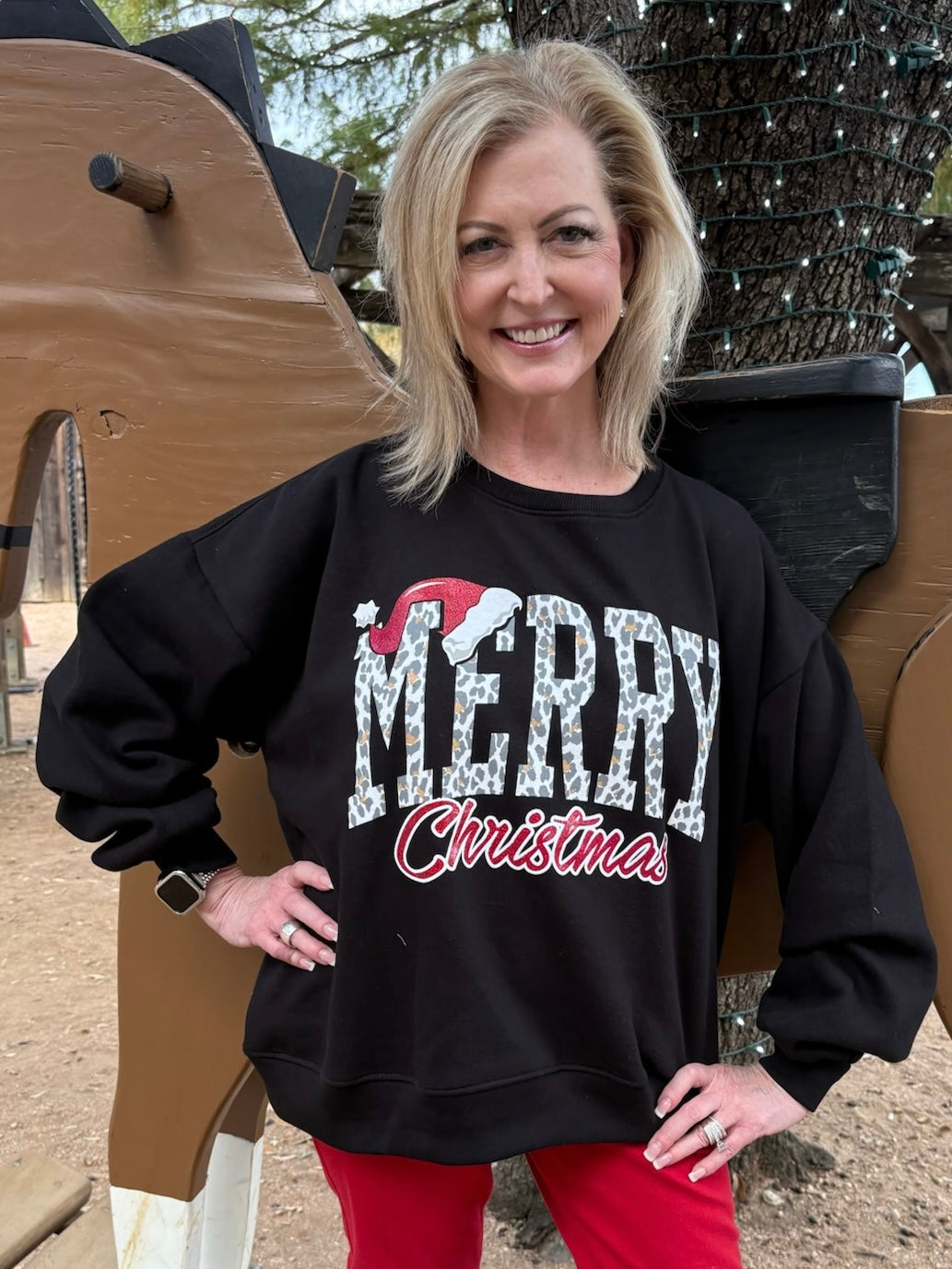Leopard Merry Christmas Hat Sweatshirt in black at ooh la la! in Grapevine TX 76051