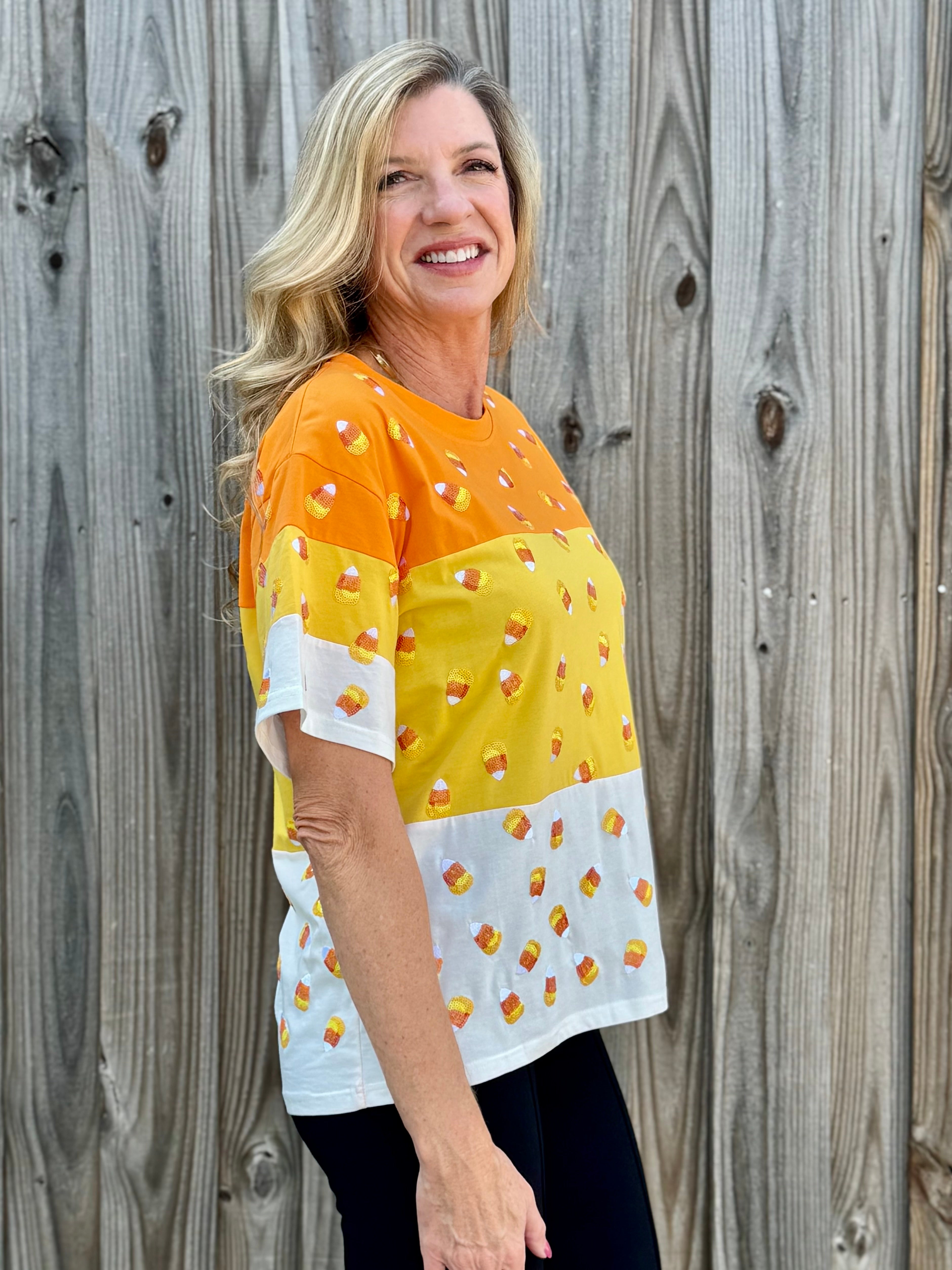 Queen of Sparkles Orange Colorblock Candy Corn Tee at ooh la la! in Grapevine TX 76051