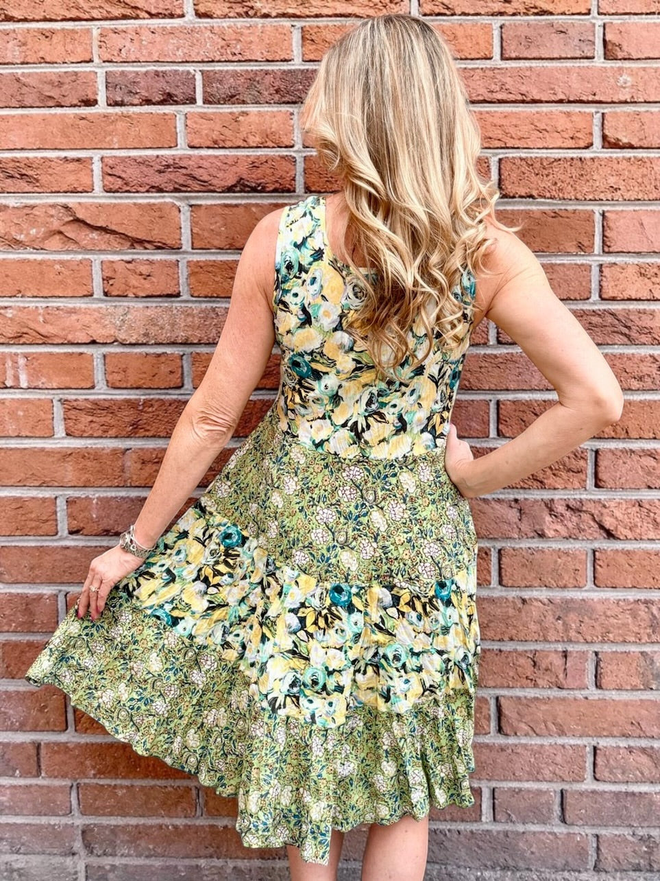 Dress Addict Joy Dress, organic cotton tank dress, floral knee length dress with pockets, crinkle cotton summer dress, Mixed Roses print dress, sustainable women's fashion, bias-cut sleeveless dress. at ooh la la! in Grapevine TX 76051