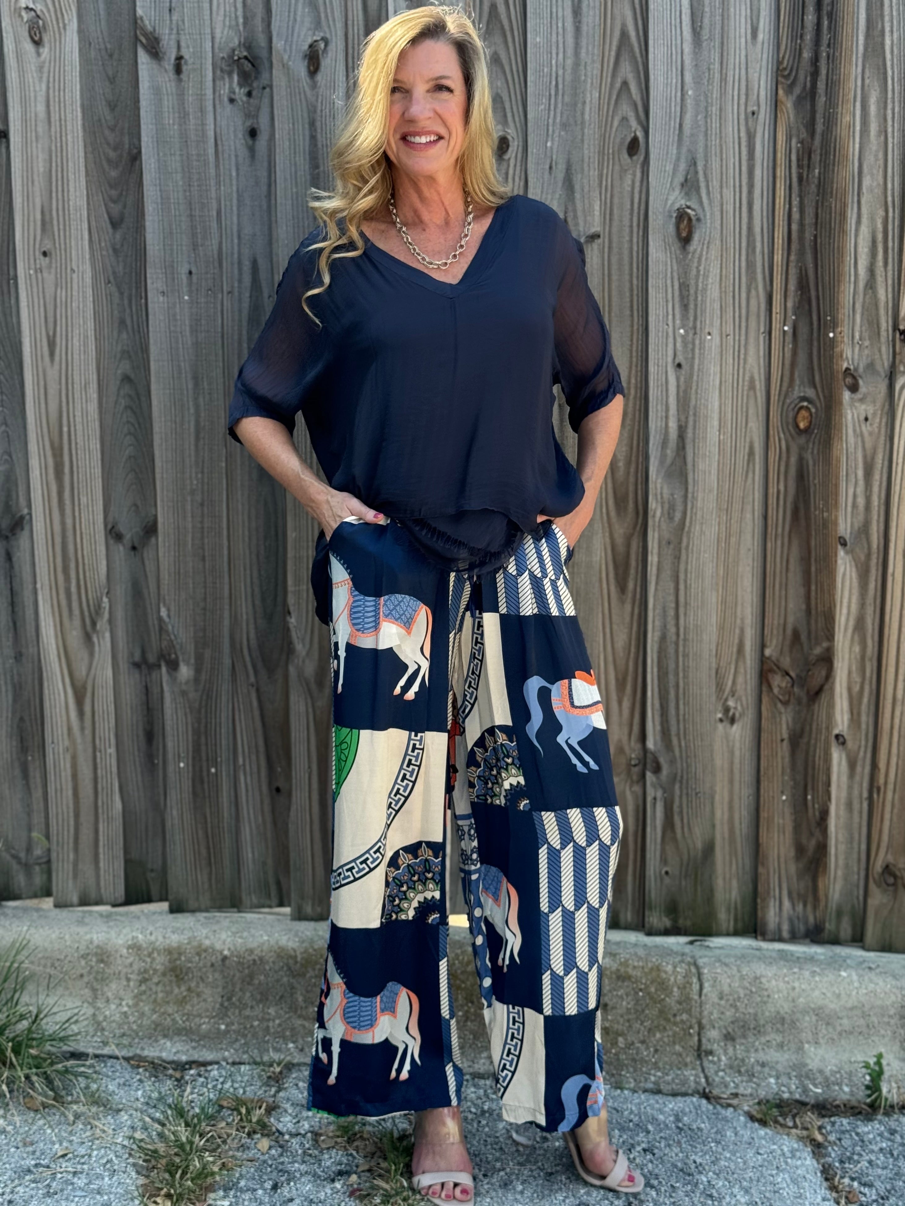 Made in Italy Satin Horse Print Pants in navy at ooh la la! in Grapevine TX 76051