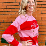 Simply Southern Merry & Bright Embroidered Stripe Pullover Sweater In pink/red at ooh la la! in Grapevine TX 76051