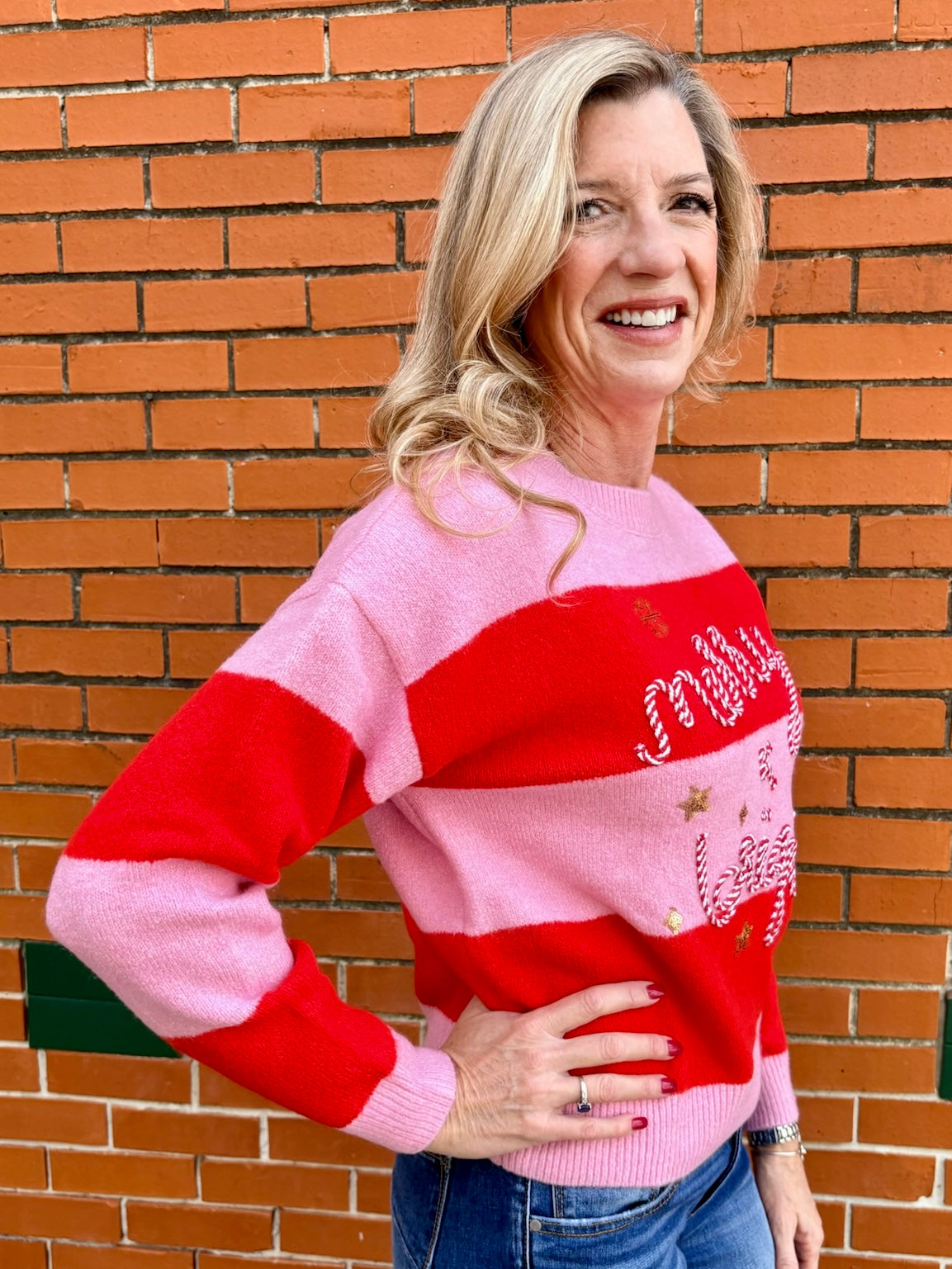 Simply Southern Merry & Bright Embroidered Stripe Pullover Sweater In pink/red at ooh la la! in Grapevine TX 76051