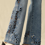 Falling Leaves Crystallized Cutouts Mid Rise Wide Leg Statement Jeans at ooh la la! in Grapevine TX 76051