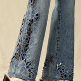 Falling Leaves Crystallized Cutouts Mid Rise Wide Leg Statement Jeans at ooh la la! in Grapevine TX 76051