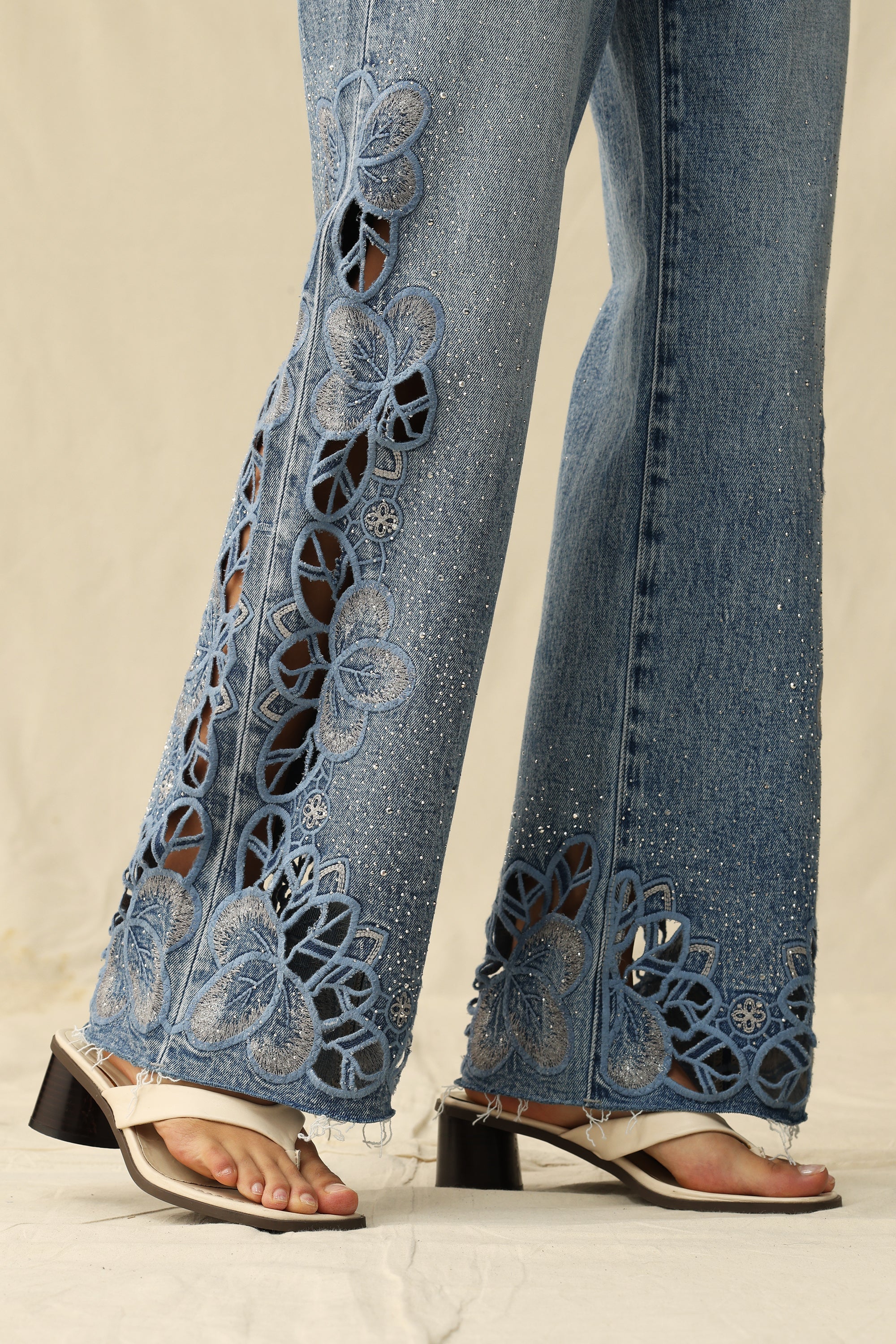 Falling Leaves Crystallized Cutouts Mid Rise Wide Leg Statement Jeans at ooh la la! in Grapevine TX 76051
