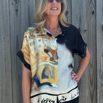 Made in Italy Satin Collared Village Print Blouse in black at ooh la la! in Grapevine TX 76051