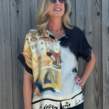 Made in Italy Satin Collared Village Print Blouse in black at ooh la la! in Grapevine TX 76051
