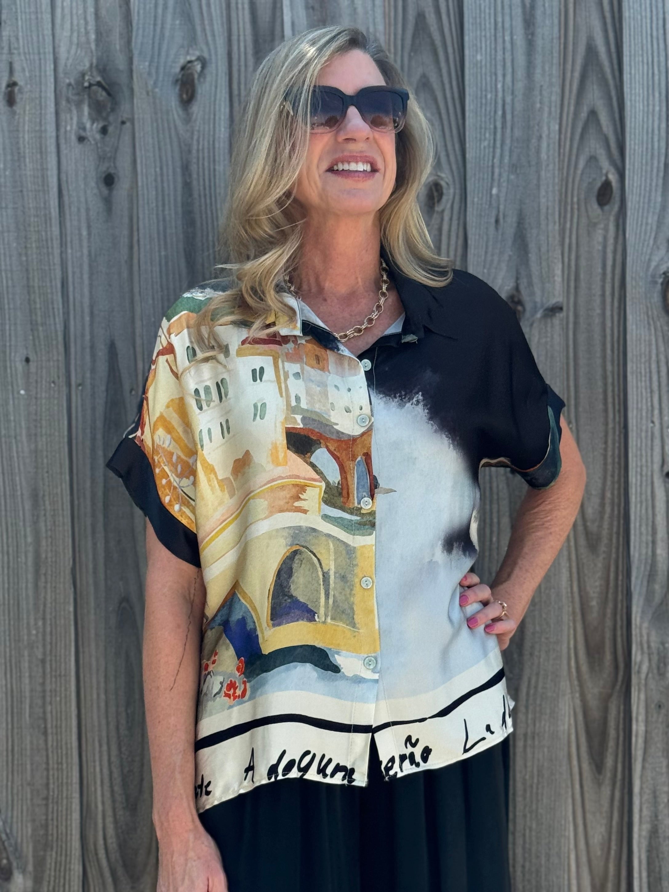 Made in Italy Satin Collared Village Print Blouse in black at ooh la la! in Grapevine TX 76051
