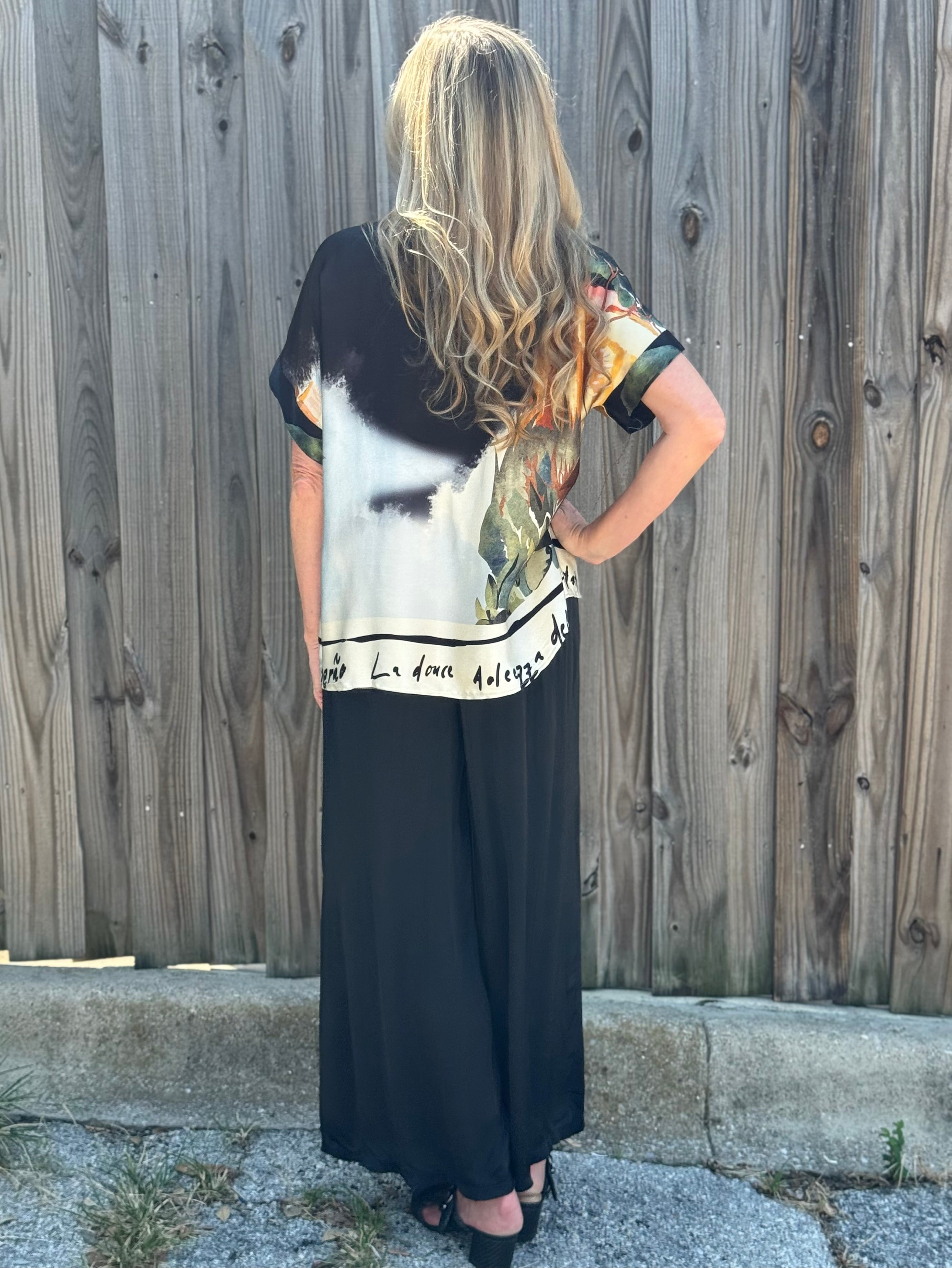 Made in Italy Satin Wide Leg Pants in Black at ooh la la! in Grapevine TX 76051