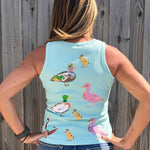 Queen of Sparkles, sequin duck tank, aqua tank top, mallard sequin shirt, boutique fashion, designer tank top, whimsical women's clothing, sequin animal top. at ooh la la! in Grapevine TX 76051
