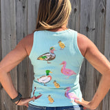 Queen of Sparkles, sequin duck tank, aqua tank top, mallard sequin shirt, boutique fashion, designer tank top, whimsical women's clothing, sequin animal top. at ooh la la! in Grapevine TX 76051