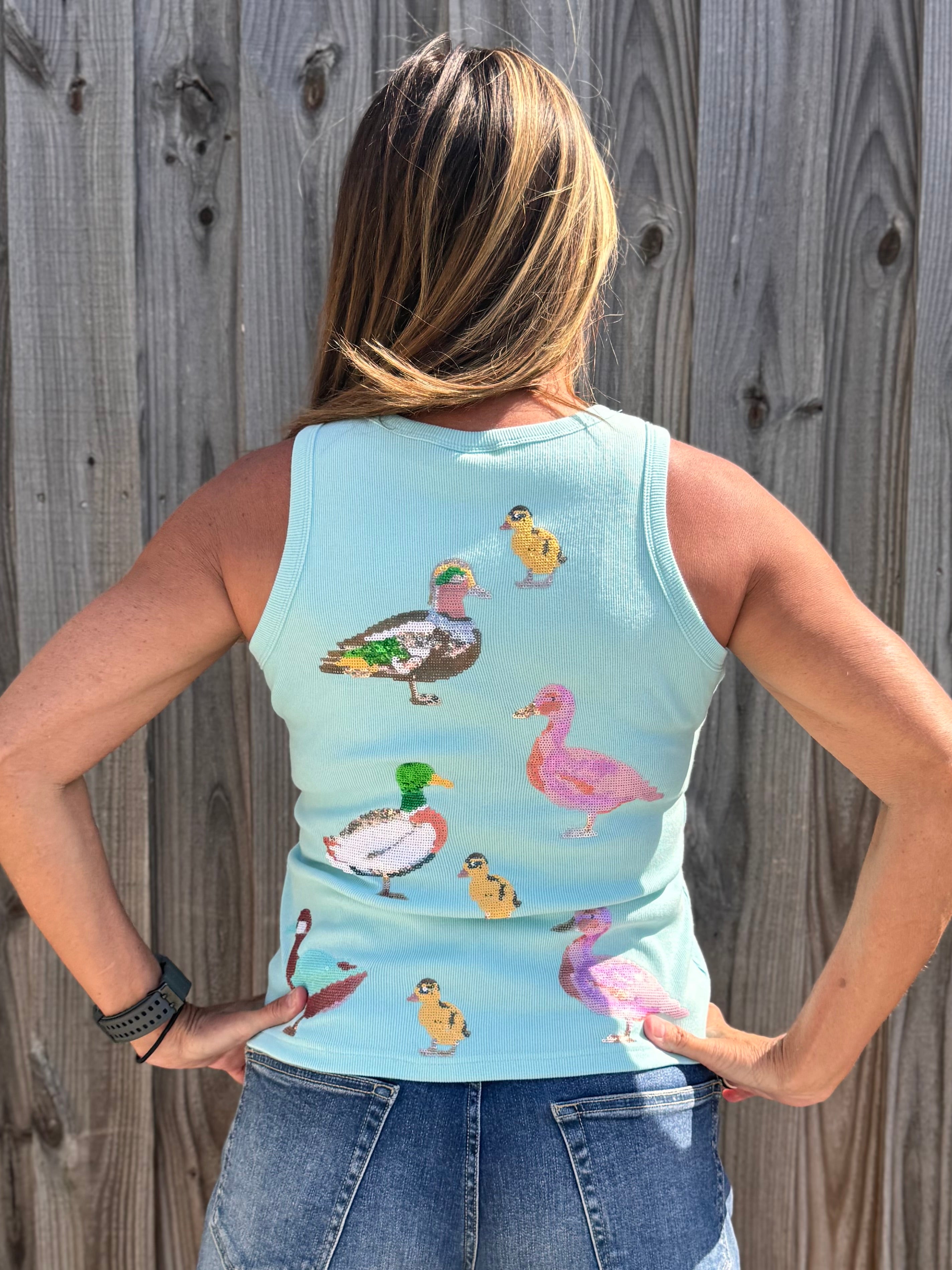 Queen of Sparkles, sequin duck tank, aqua tank top, mallard sequin shirt, boutique fashion, designer tank top, whimsical women's clothing, sequin animal top. at ooh la la! in Grapevine TX 76051