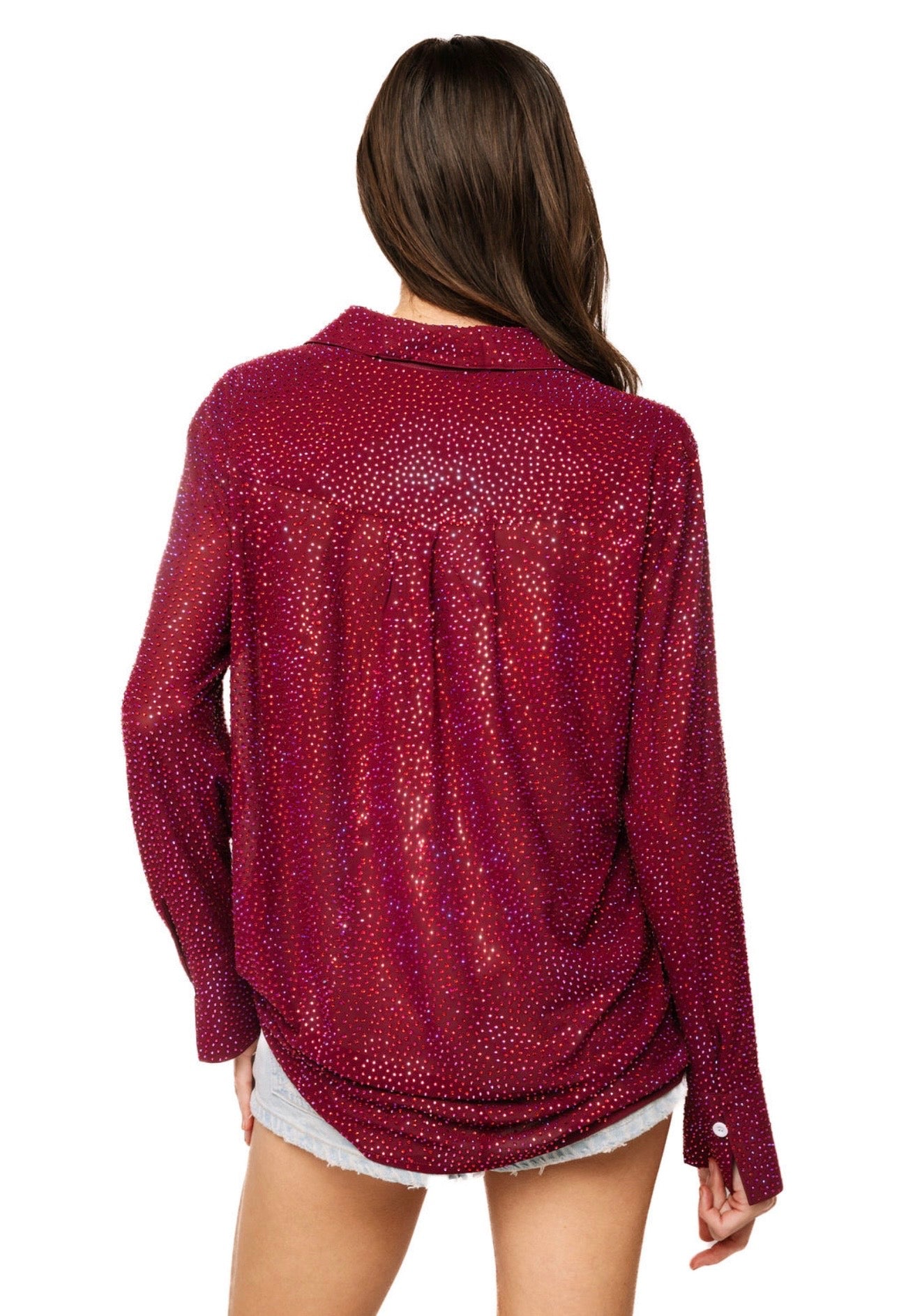 Queen of Sparkles Maroon Silk Rhinestone Button Up Top at ooh la la! in Grapevine TX 76051