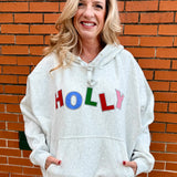 Holly Jolly Appliques Hooded One Size Sweatshirt in ash grey at ooh la la! in Grapevine TX 76051