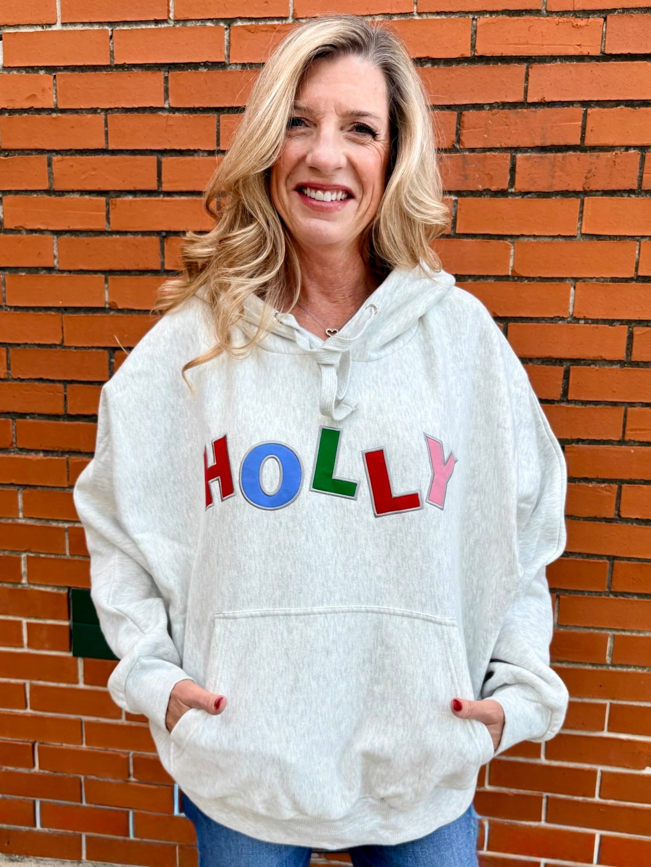 Holly Jolly Appliques Hooded One Size Sweatshirt in ash grey at ooh la la! in Grapevine TX 76051