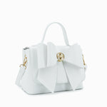 Vegan leather crossbody in white, bow satchel bag, designer vegan handbags, women's spring purses, bow front handbag, gold hardware crossbody, eco-friendly satchel, Zoey bag.
ooh la la! in Grapevine TX 76051