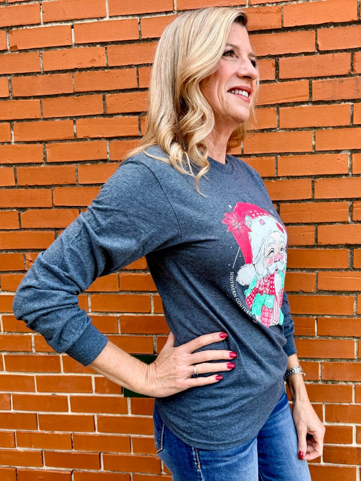 Patchwork Beard Santa Long Sleeve Tee in dark heather grey at ooh la la! in Grapevine TX 76051