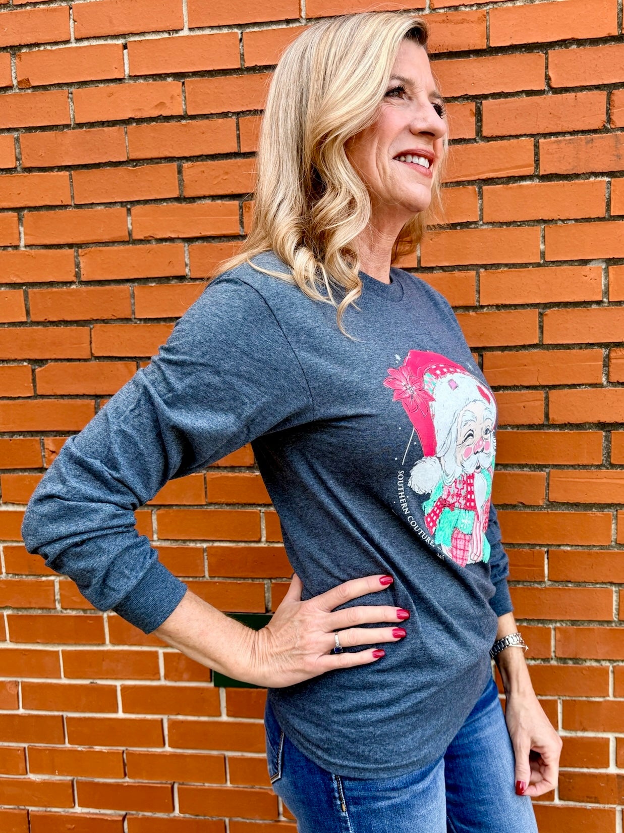 Patchwork Beard Santa Long Sleeve Tee in dark heather grey at ooh la la! in Grapevine TX 76051