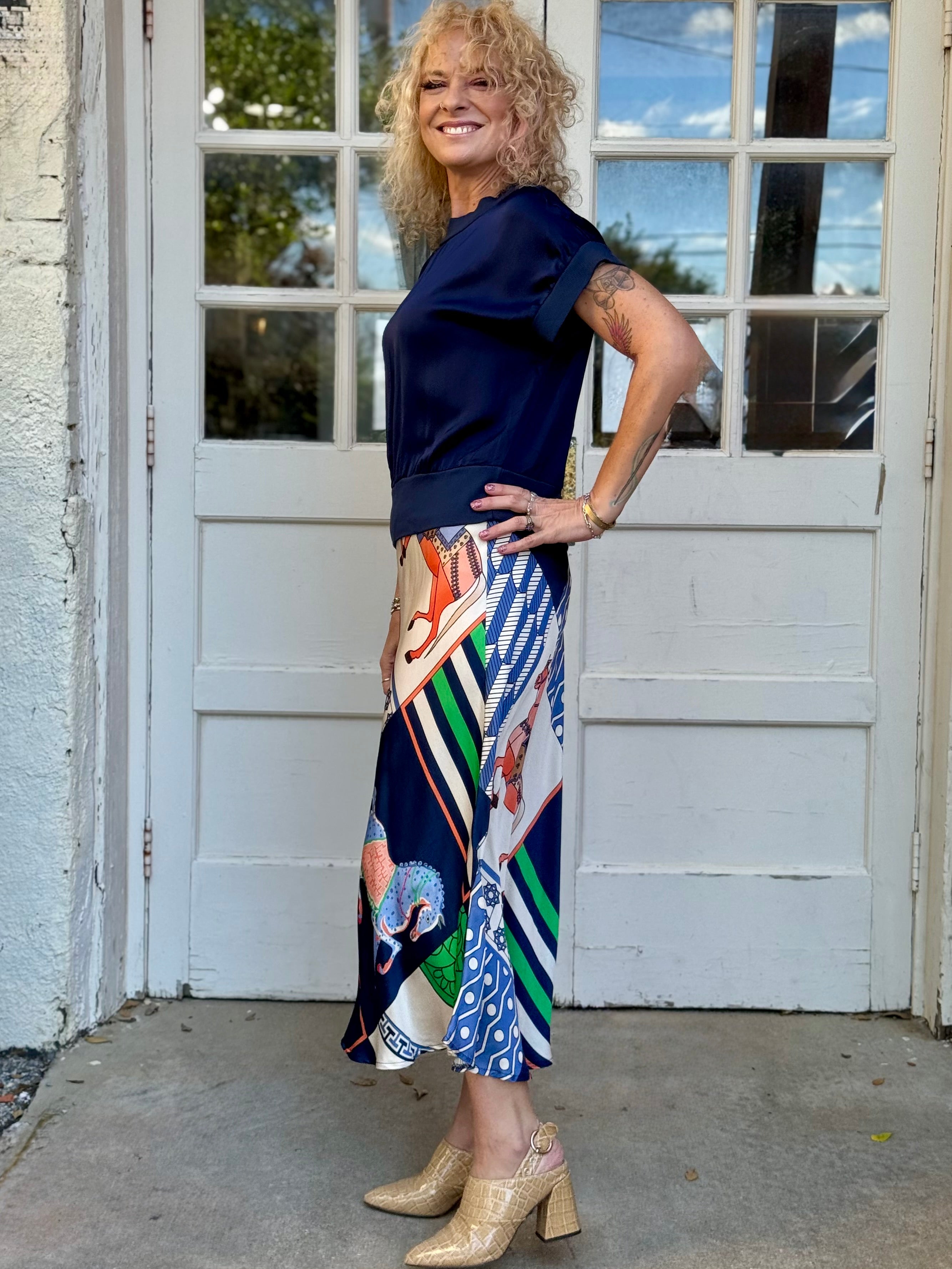 Satin Horse Printed Midi Skirt in navy at ooh la la! in Grapevine TX 76051