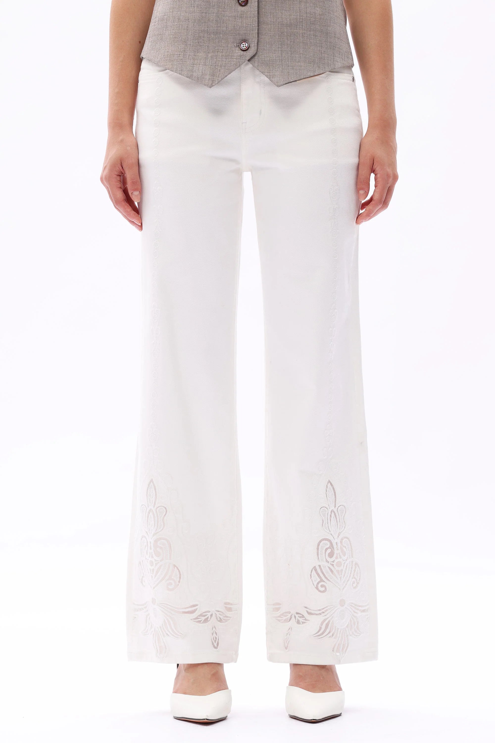 Art Deco jeans, embroidered straight leg jeans, mid rise white jeans, vintage style denim, women's designer jeans, luxury cotton denim, white embroidered trousers. at ooh la la! in Grapevine TX 76051