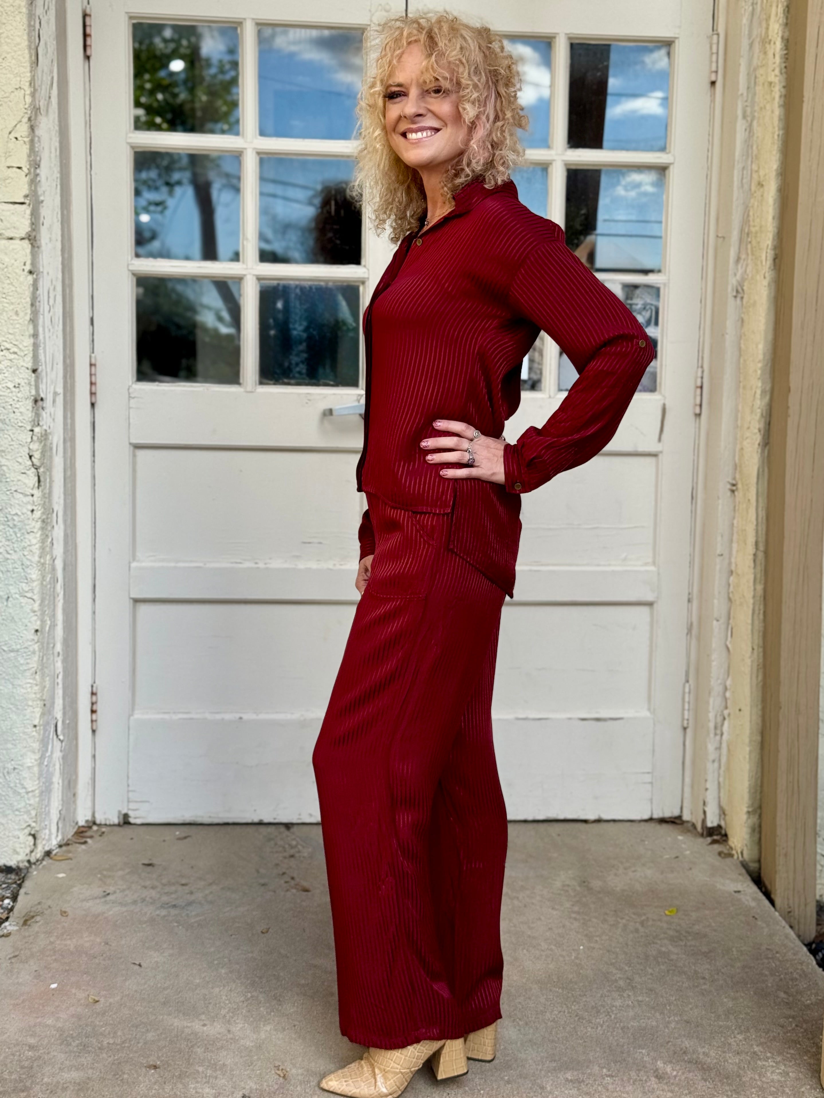 Aeson Button-Up Blouse and Harmon pant in Salem’s Door (burgundy) at ooh la la! in Grapevine TX 76051