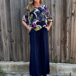 Made in Italy Satin Wide Leg Pants in navy at ooh la la! in Grapevine TX 76051