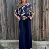 Made in Italy Satin Wide Leg Pants in navy at ooh la la! in Grapevine TX 76051