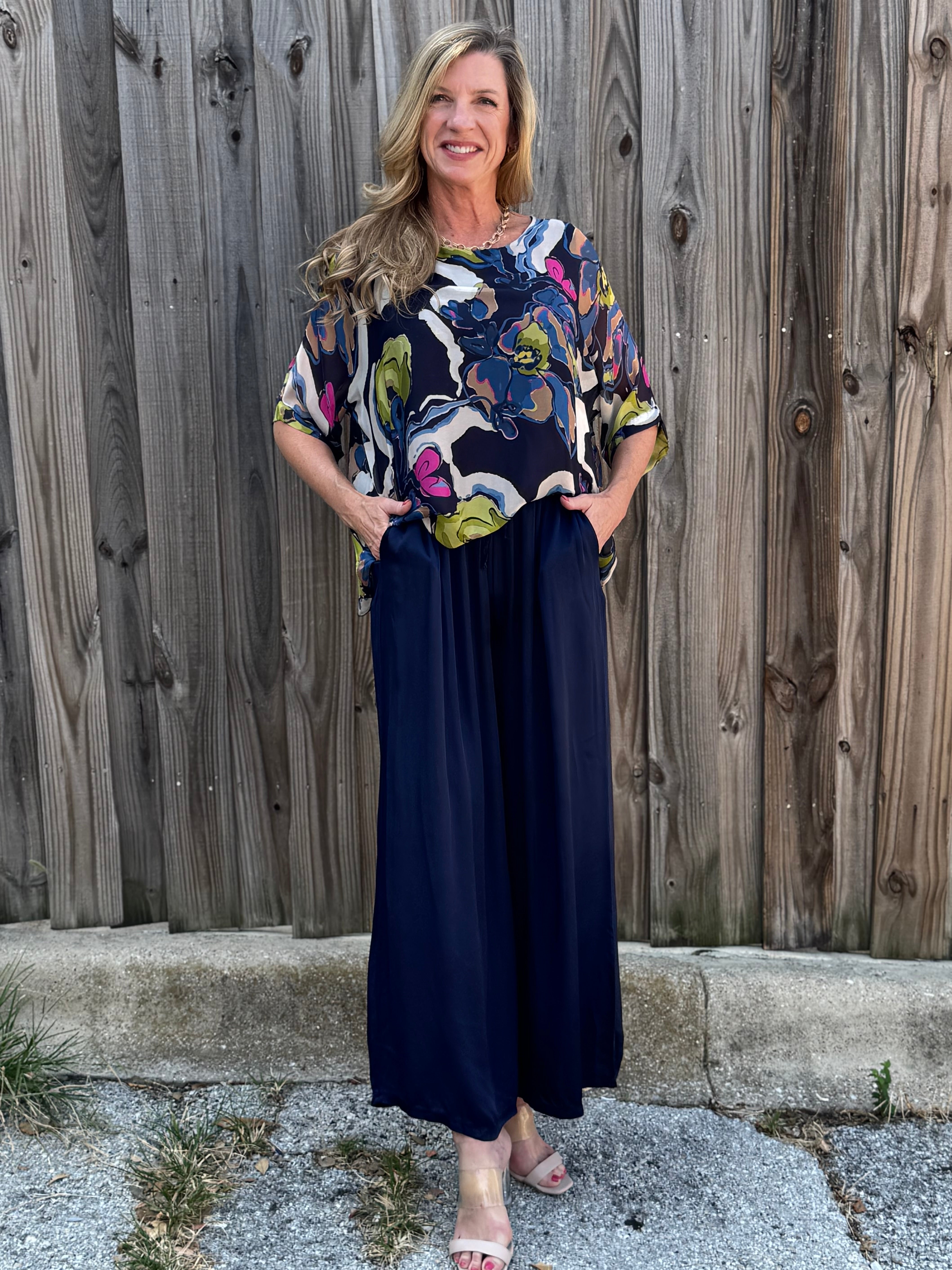 Made in Italy Satin Wide Leg Pants in navy at ooh la la! in Grapevine TX 76051