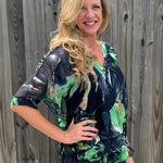 Watercolor Leaves Silk VNeck Blouse in navy at ooh la la! in Grapevine TX 76051