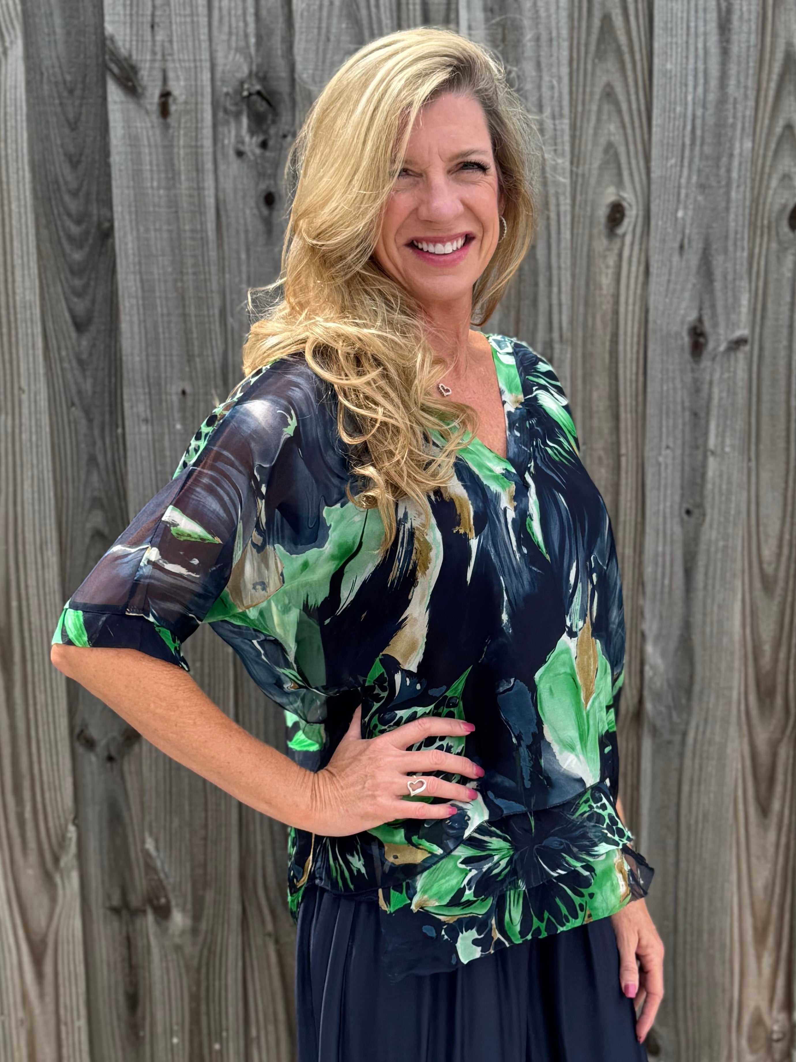 Watercolor Leaves Silk VNeck Blouse in navy at ooh la la! in Grapevine TX 76051