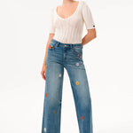 Charming Flowers Embroidered Mid Rise Wide Leg Jeans at ooh la la! in Grapevine TX 76051