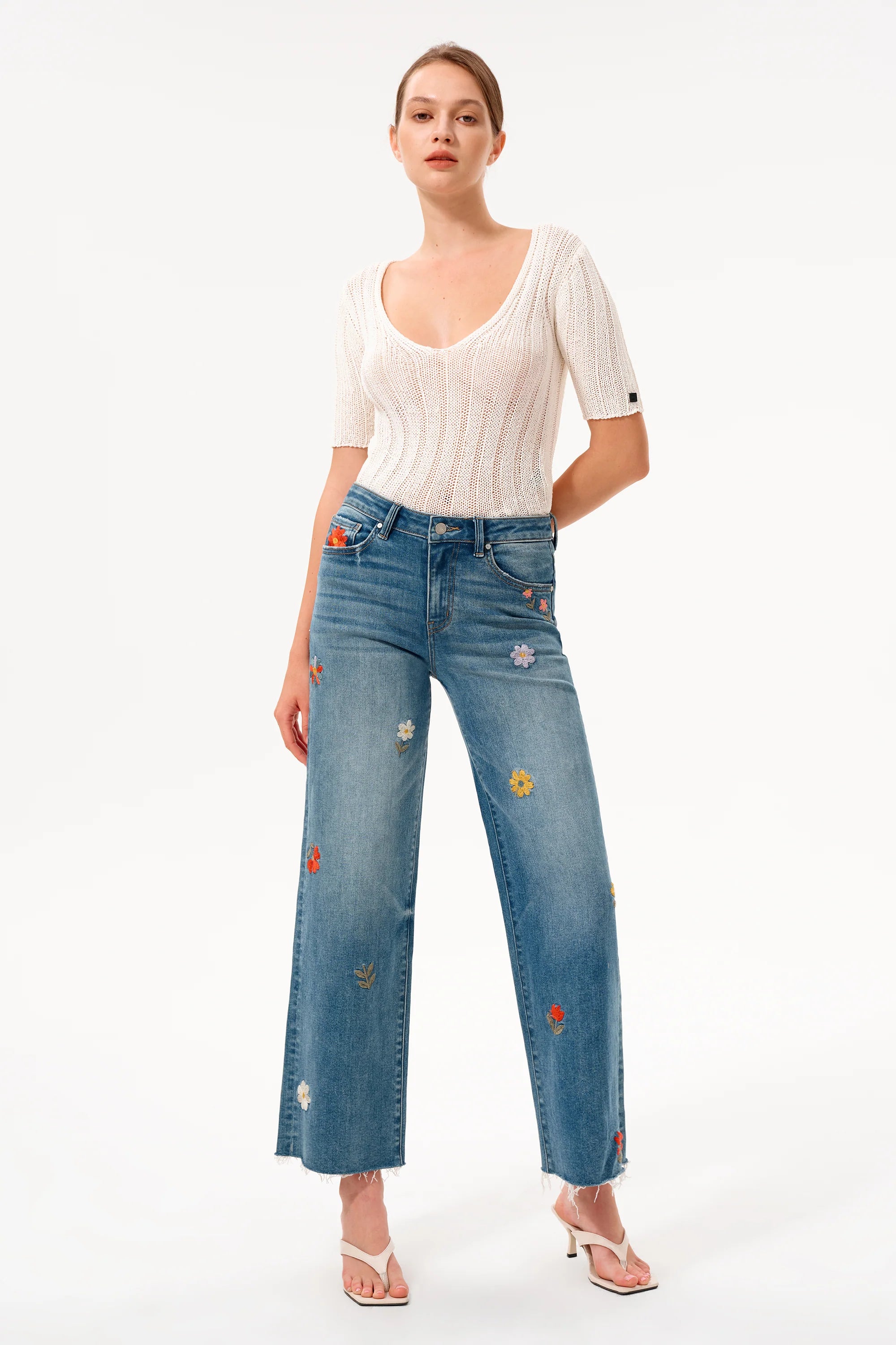 Charming Flowers Embroidered Mid Rise Wide Leg Jeans at ooh la la! in Grapevine TX 76051