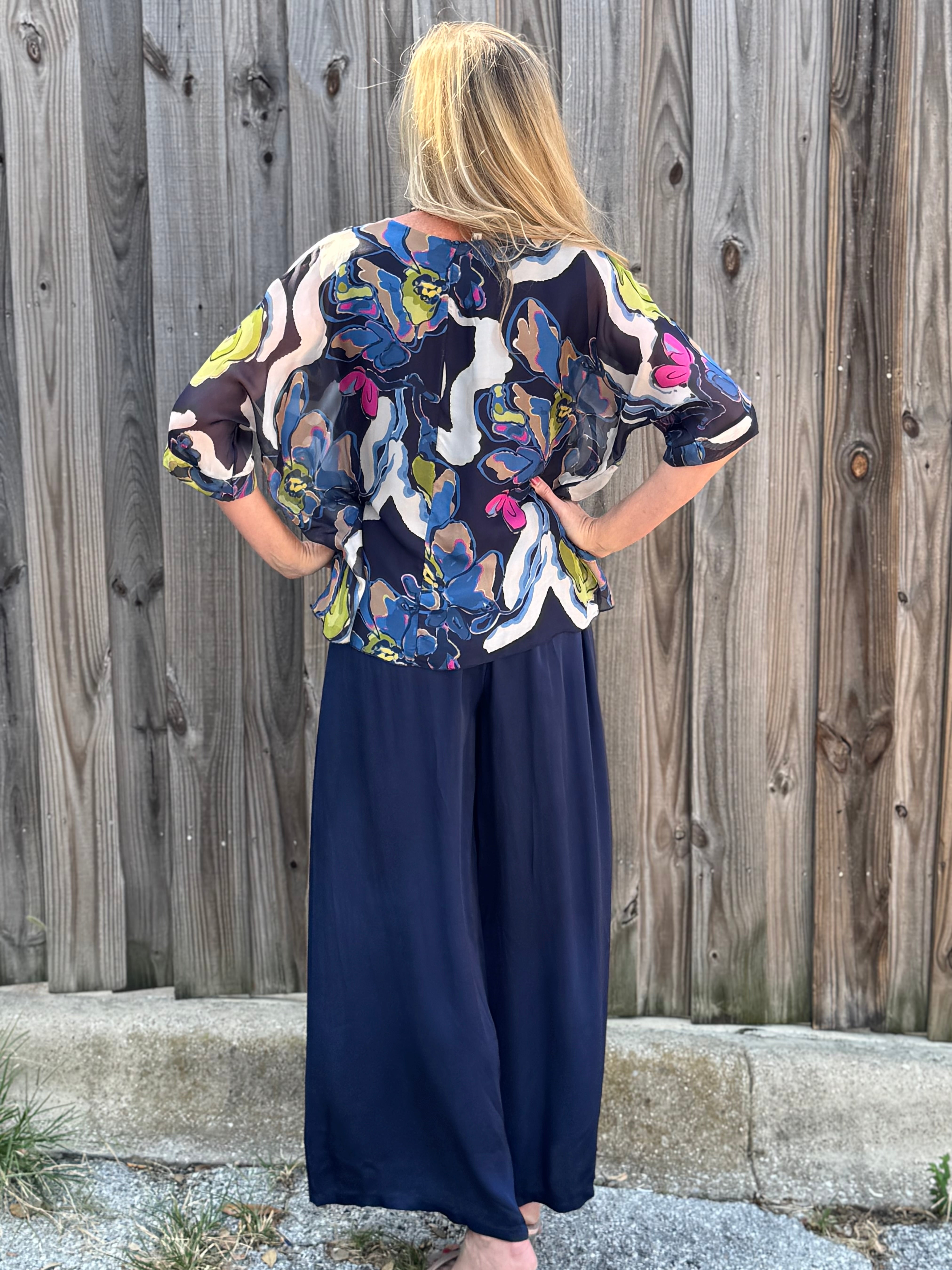 Made in Italy Satin Wide Leg Pants in navy at ooh la la! in Grapevine TX 76051