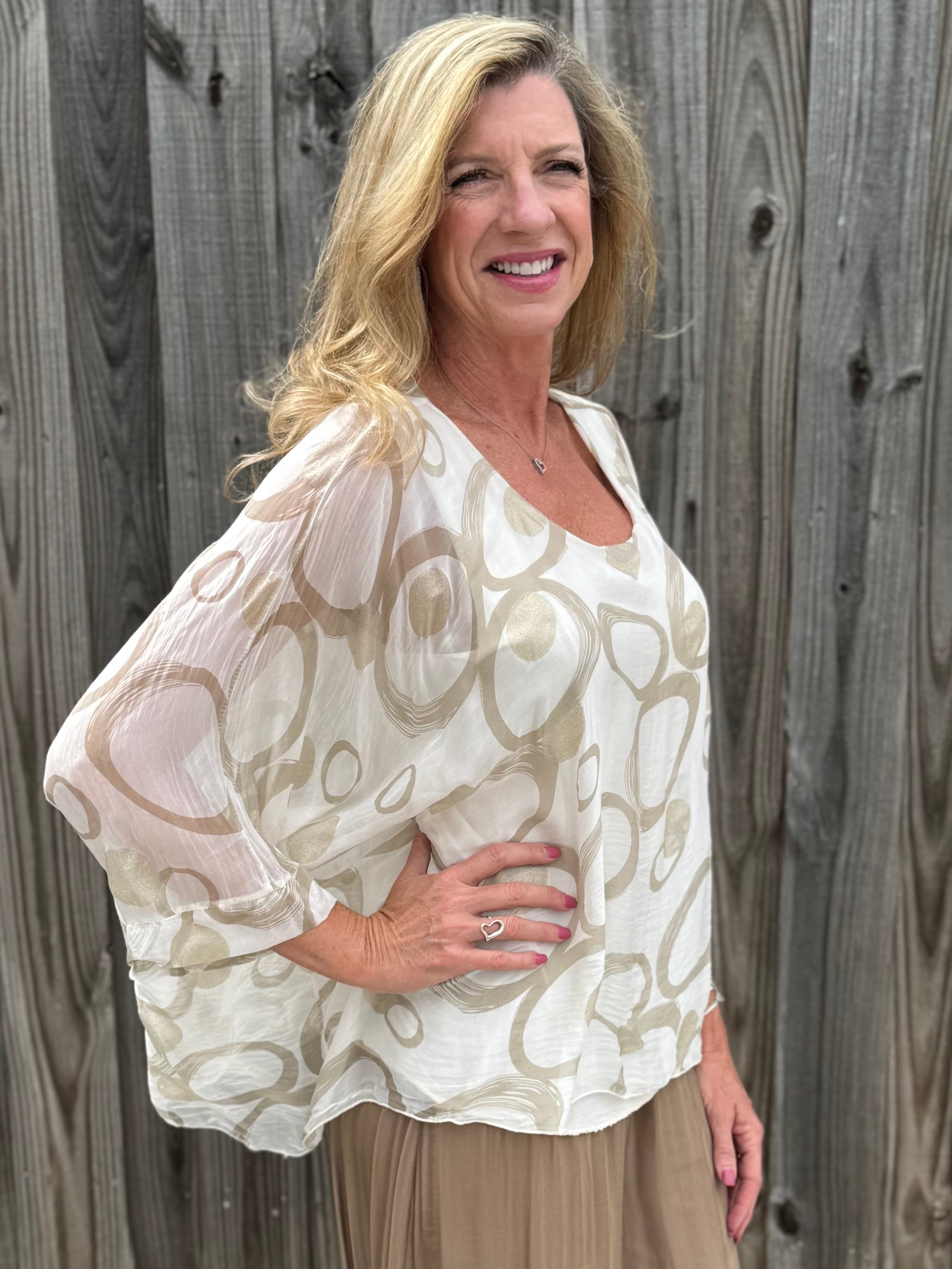 Silk Circles Kaftan in beige at ooh la la! in Grapevine TX 76051