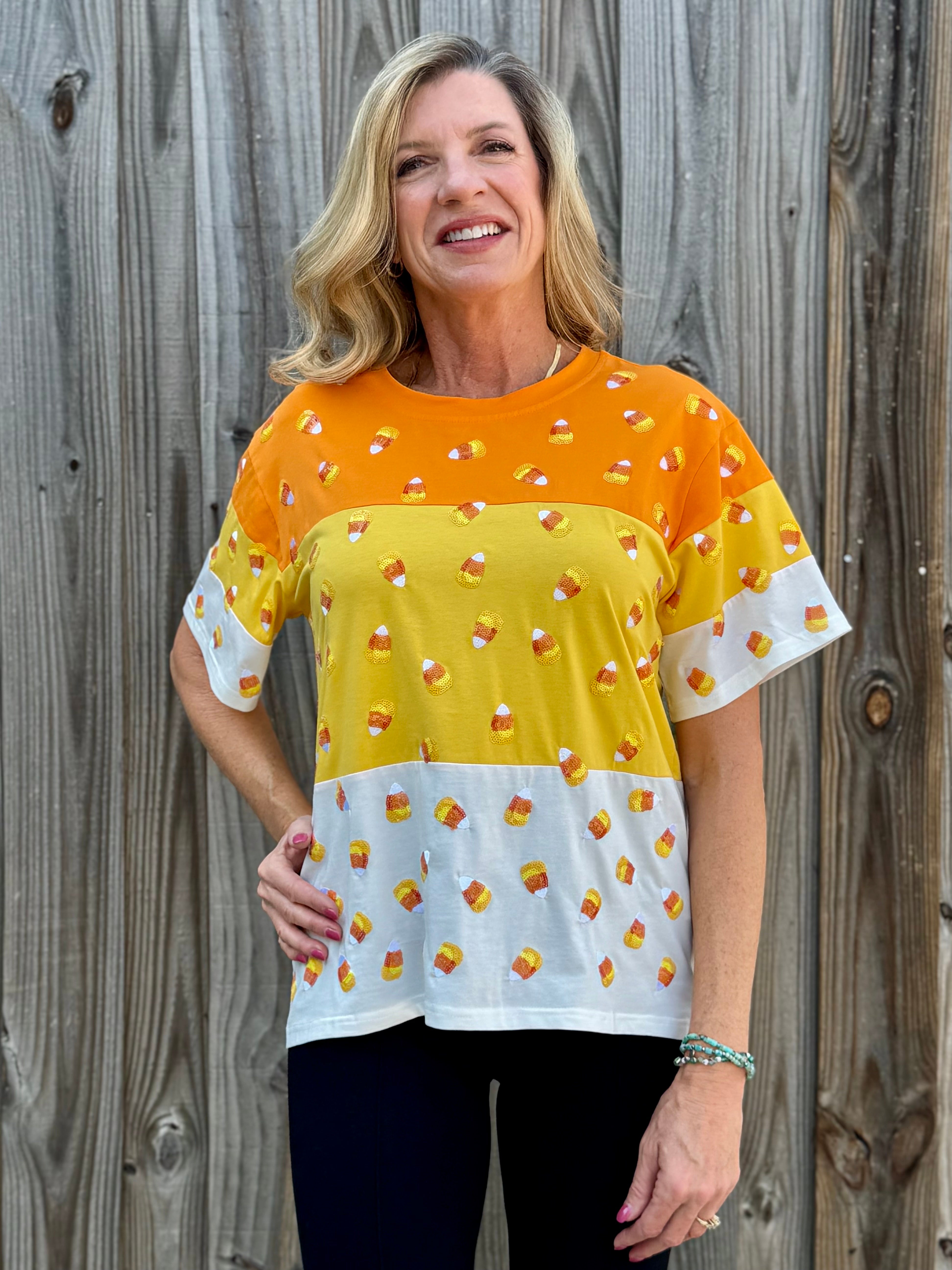 Queen of Sparkles Orange Colorblock Candy Corn Tee at ooh la la! in Grapevine TX 76051