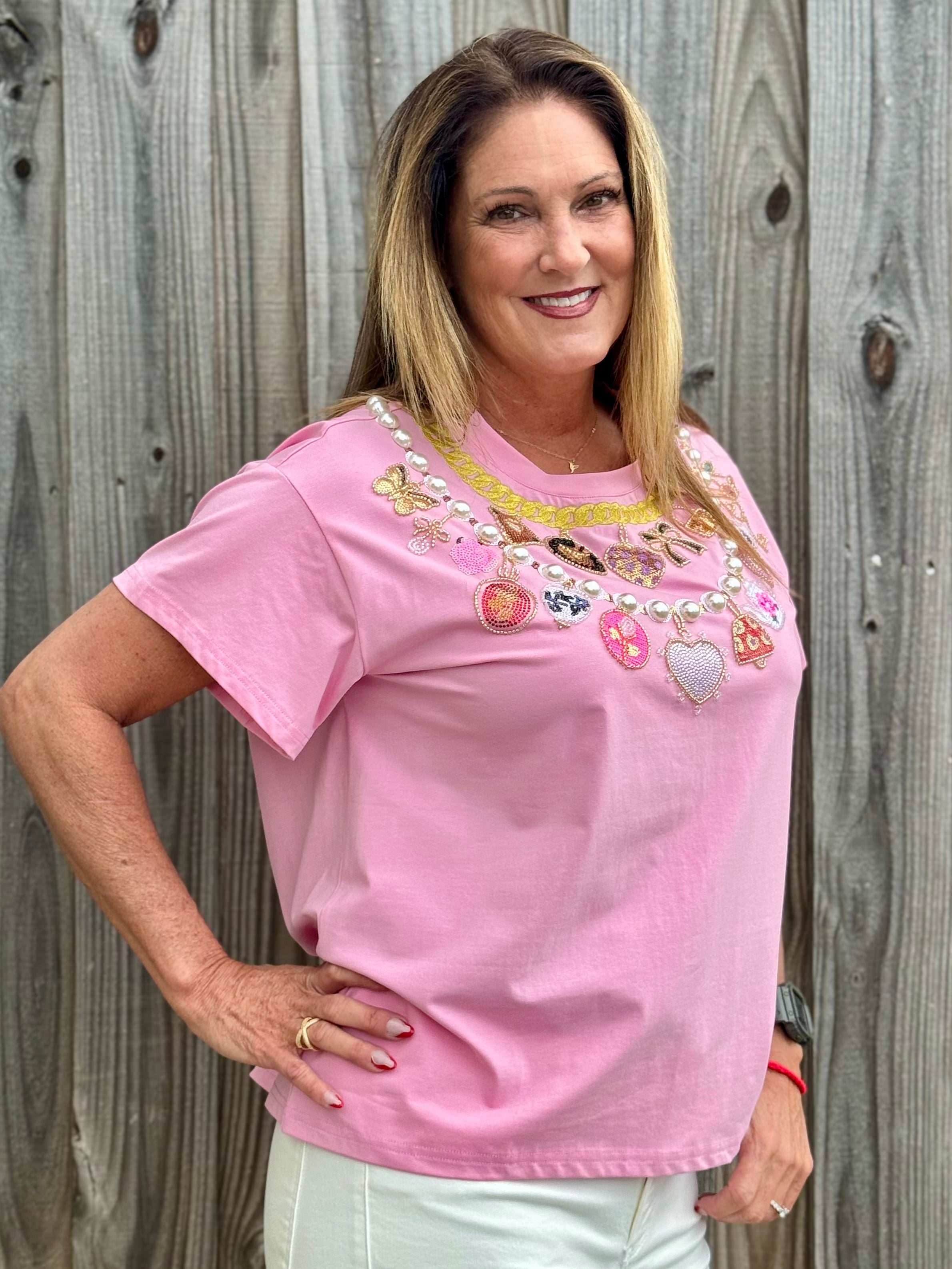 Queen of Sparkles Hot Pink Pearl & Chain Valentine's Day Charm Necklace Tee at ooh la la! in Grapevine TX 76051