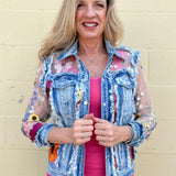 Adore Denim Jacket Inset with Floral Appliqued Mesh at ooh la la! in Grapevine TX 76051