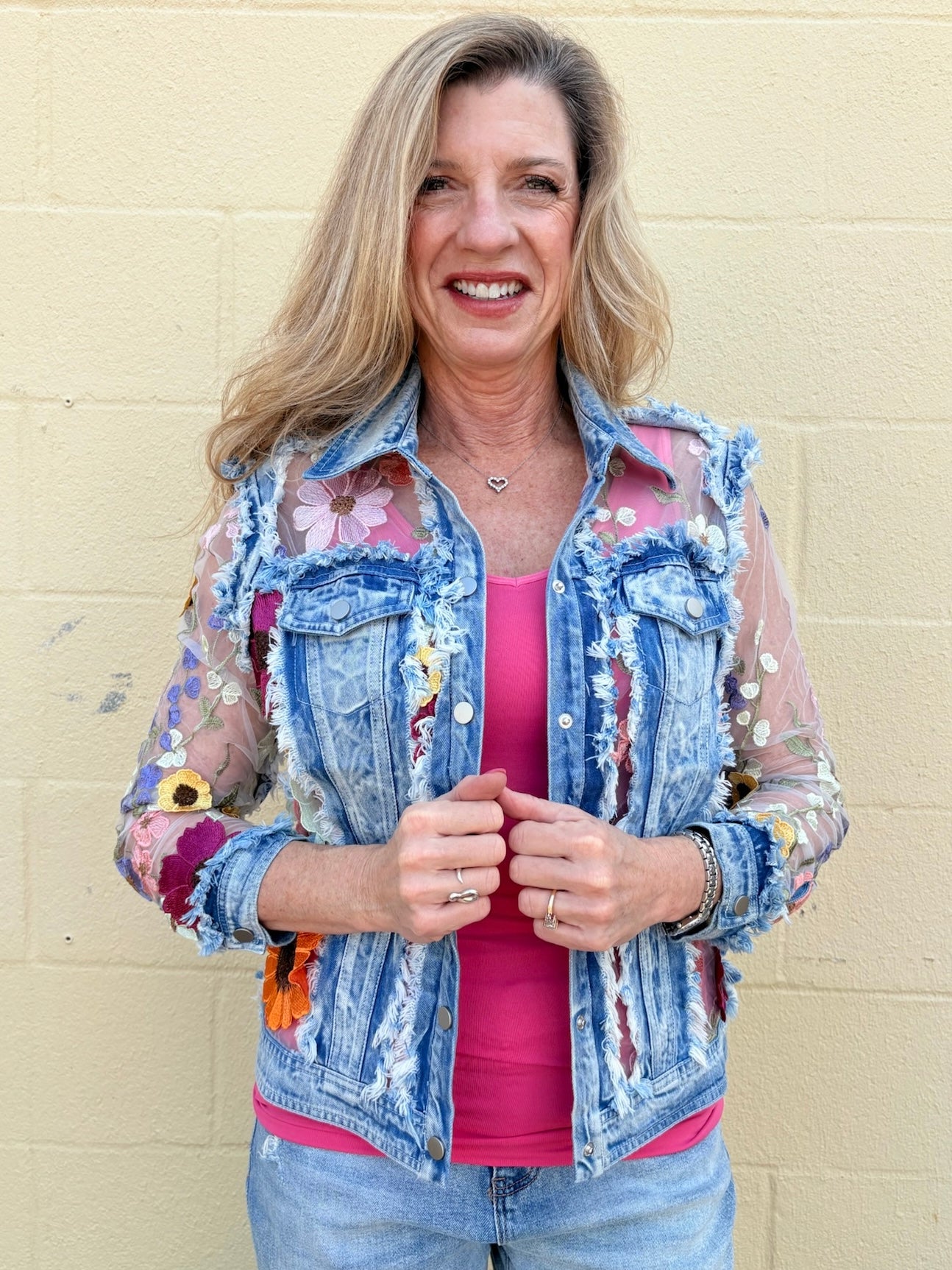Adore Denim Jacket Inset with Floral Appliqued Mesh at ooh la la! in Grapevine TX 76051