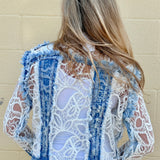Adore Denim Jacket Inset with White Lace at ooh la la! in Grapevine TX 76051