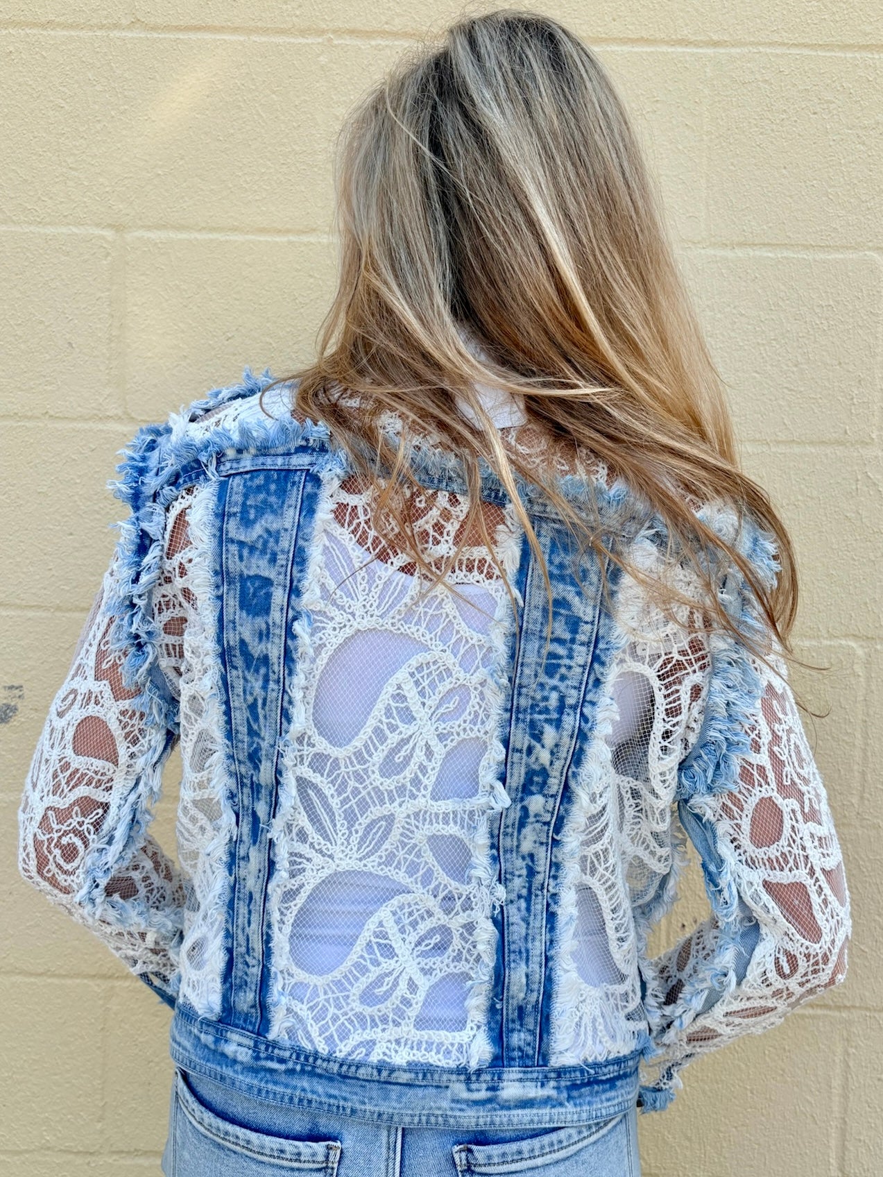 Adore Denim Jacket Inset with White Lace at ooh la la! in Grapevine TX 76051