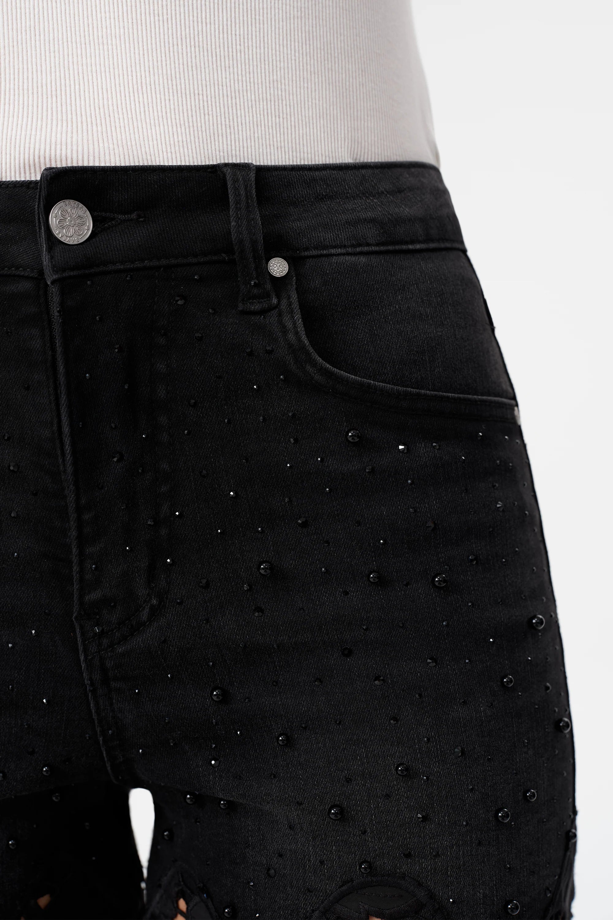 Bayeas High Rise Embroidered Floral Lace Wide Leg Jeans in Inkgauze black at ooh la la! in Grapevine TX 76051