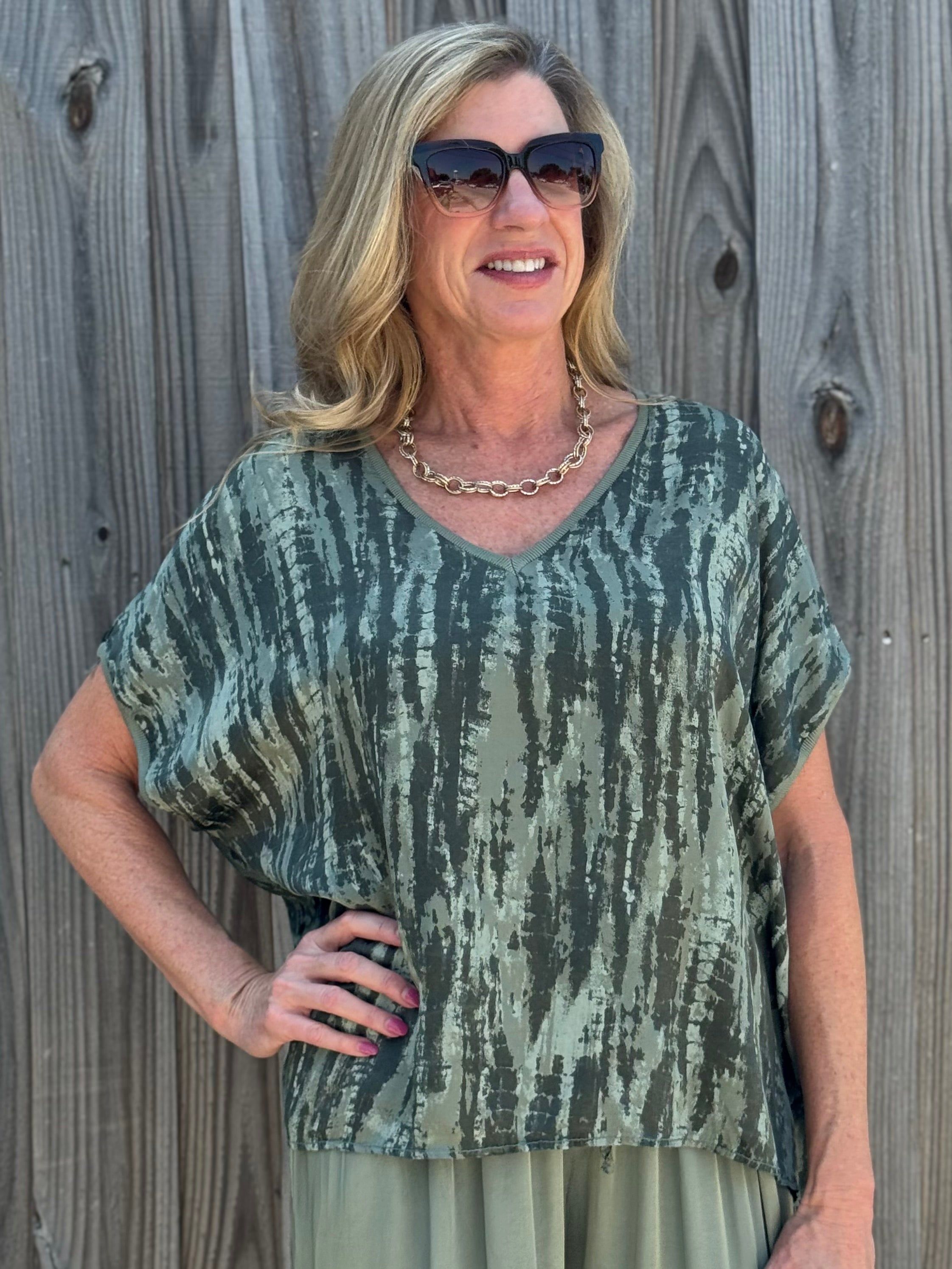 Made in Italy Satin Printed Pullover Blouse in Olive at ooh la la! in Grapevine TX 76051