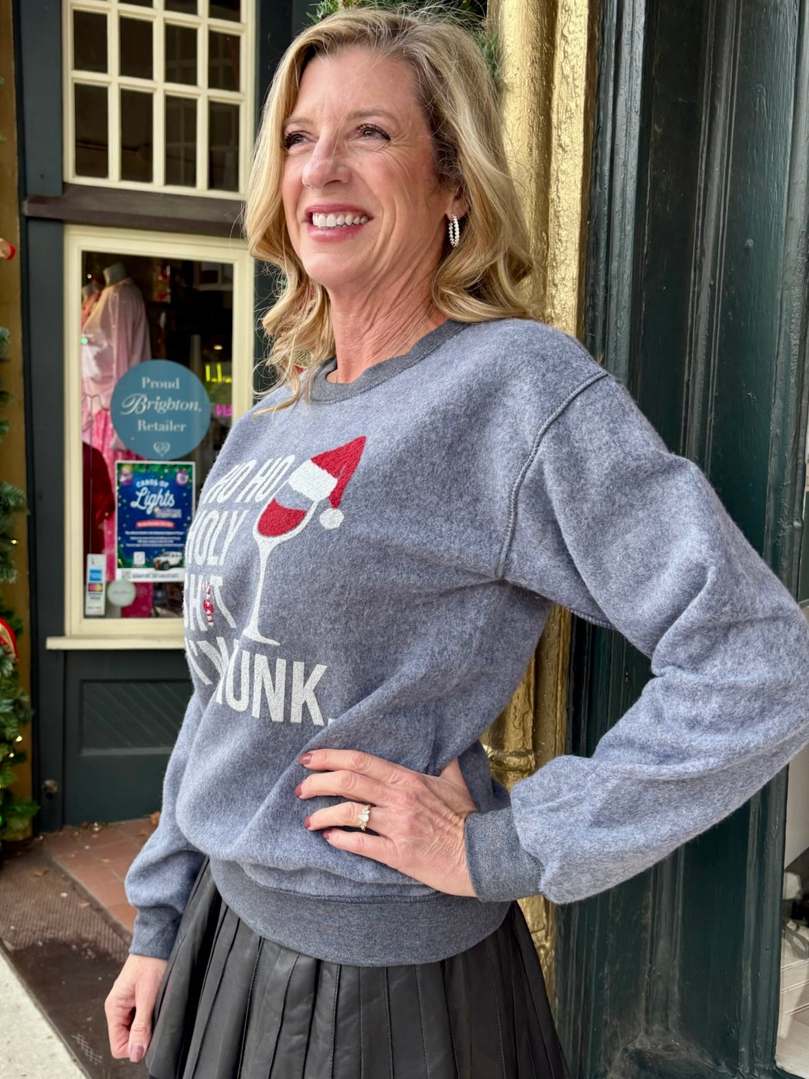 Ho Ho Holy Sh*t I'm Drunk Inverted Sweatshirt In charcoal grey at ooh la la! in Grapevine TX 76051