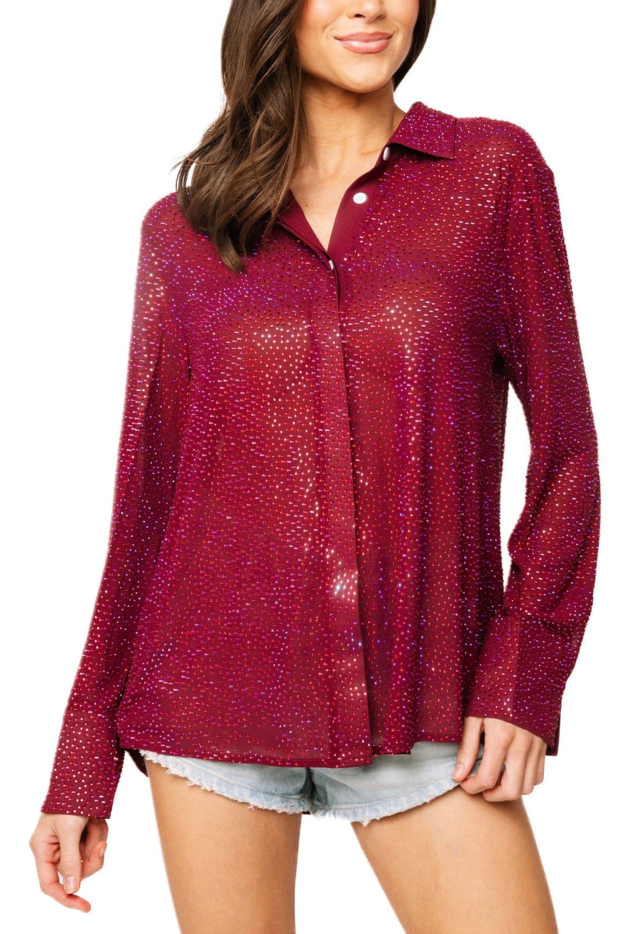 Queen of Sparkles Maroon Silk Rhinestone Button Up Top at ooh la la! in Grapevine TX 76051