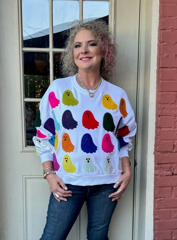 Queen of Sparkles Rainbow Fuzzy Ghost Sweatshirt at ooh la la! in Grapevine TX 76051