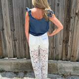 High Rise Wide Leg Lace Denim Jeans With Rhinestones - White at ooh la la! in Grapevine TX 76051